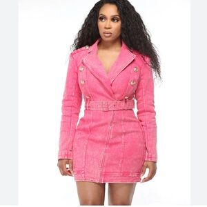 L’ATISTE Pink Denim Belted Zip Up Long Sleeve Mini Dress Collared Women’s Large